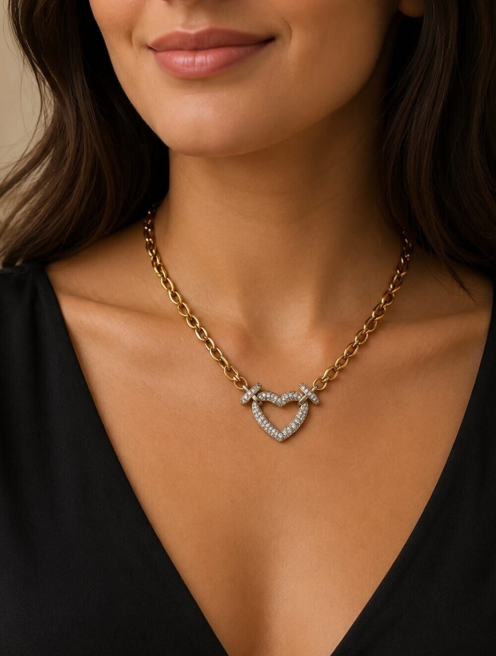 Gold-Tone Chain Necklace with Crystal Heart Pendant - Picture 2 of 6